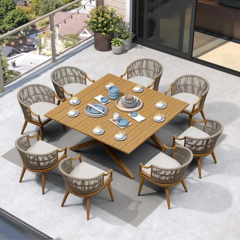 9 Pieces Outdoor Dining Set All Weather Wicker Patio Dining Set with Square Aluminum Table and Modern Armrest Dining Chairs for