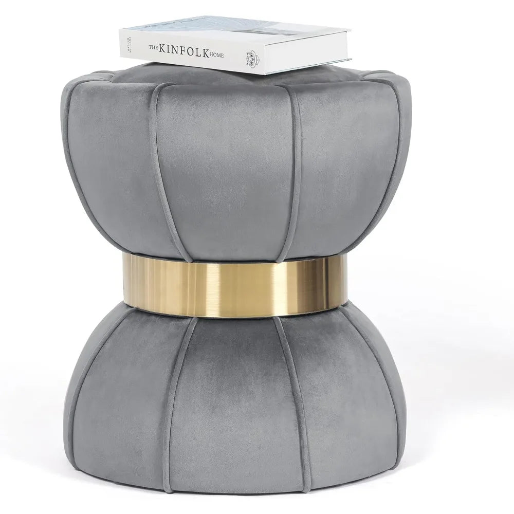 Huanzhuang Round Velvet Ottoman With Metal Band Home Decor