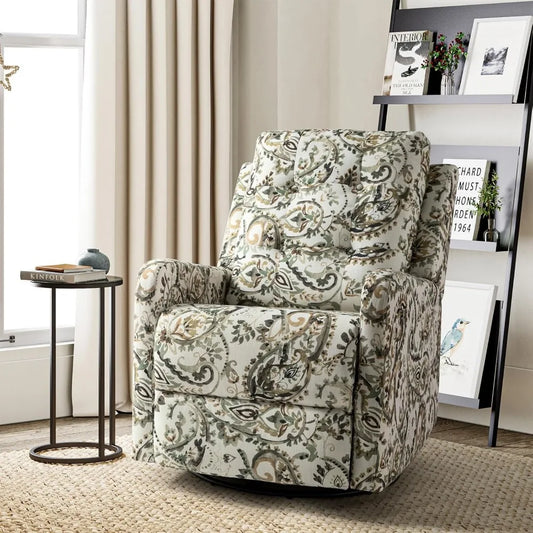 Recliner Chair Modern Printed Fabric for Living Room, Wingback Rocker Recliner Sofa Comfy Armchair 360 Degree Swivel, Nursery R