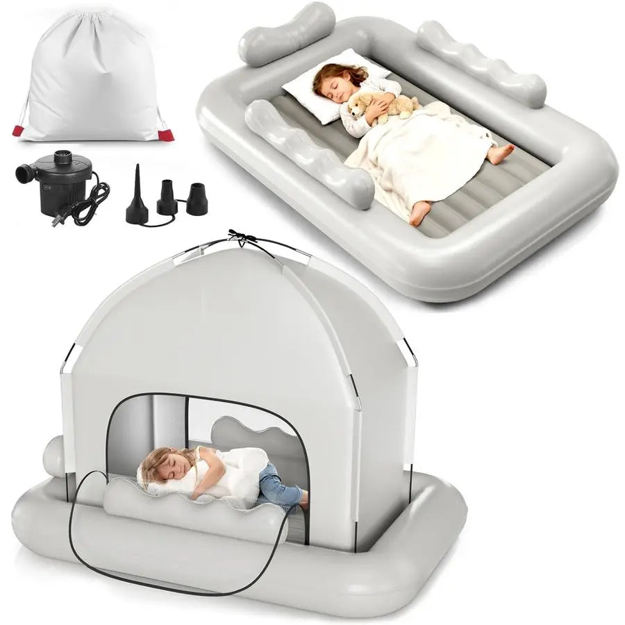Toddler Travel Bed with Tent Foldable Portable Toddler Bed Cot Blow Up Kids Air Mattress with Safety Bumper, Pump Carry Bag Indo