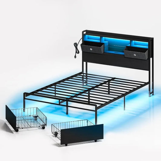 Full Size Bed Frame Full Size 3-Tier Storage Headboard, 2 Storage Baskets, LED, Charging Station No Box Spring Needed (Full)