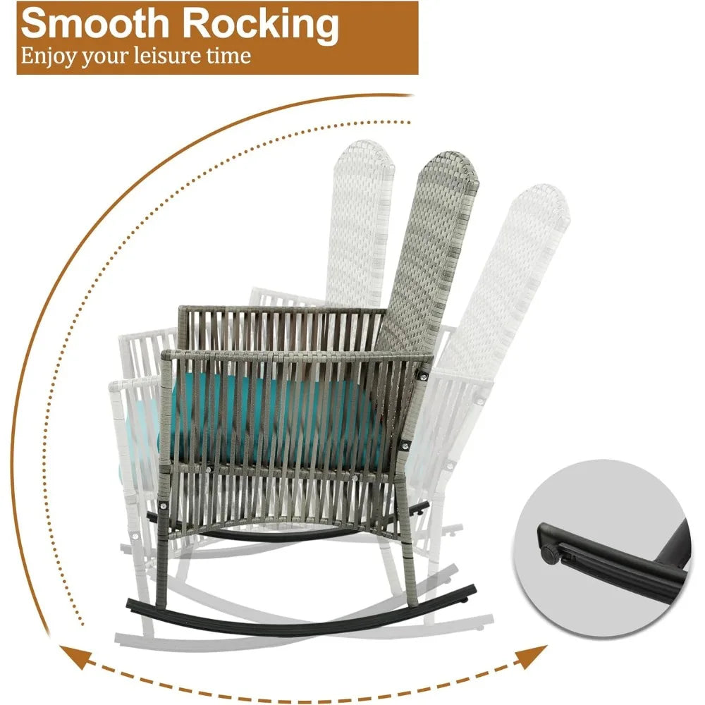 3 Piece Patio Conversation Set, Outdoor Rocking Chairs Set of 2, Wicker Furniture Set with Glass Top Coffee Table and Cushions