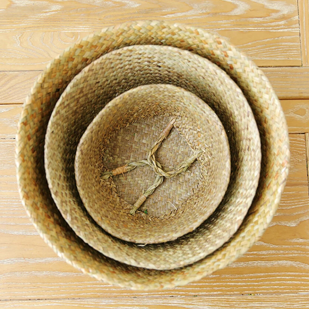 22/27/32cm Rattan Woven Hanging Flower Basket Collapsible Hanging Planter Eco-Friendly Home Clothes Storage Daily Storage Bags