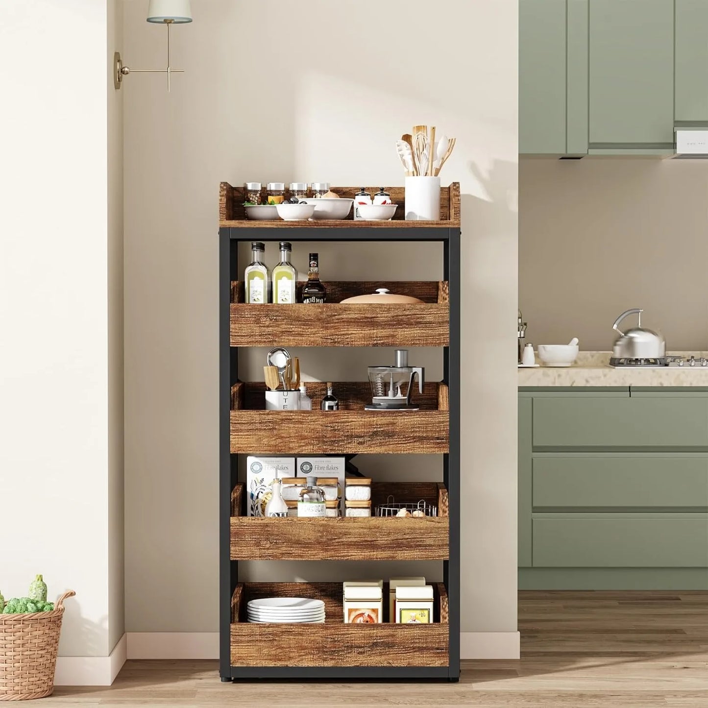 LITTLE TREE Wood Fruit and Vegetable Storage Rack, 5-Tier Pull-Out Snack Stand Fruit Basket Stand,for Kitchen, Living Room
