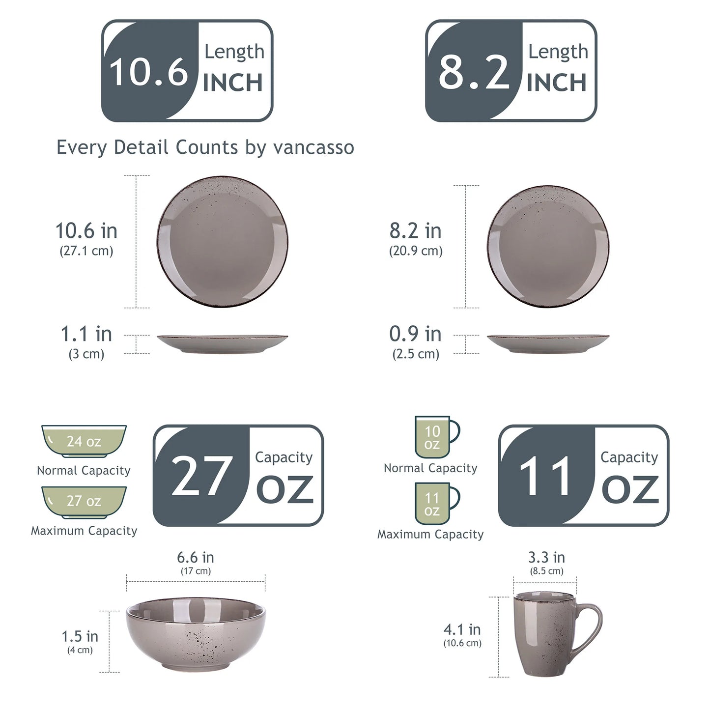 Vancasso Navia Grey 16/32/48-Piece Ceramic Stoneware Dinnerware Set with Dinner Plate,Dessert Plate,800ml Bowl,Mug Tableware Set