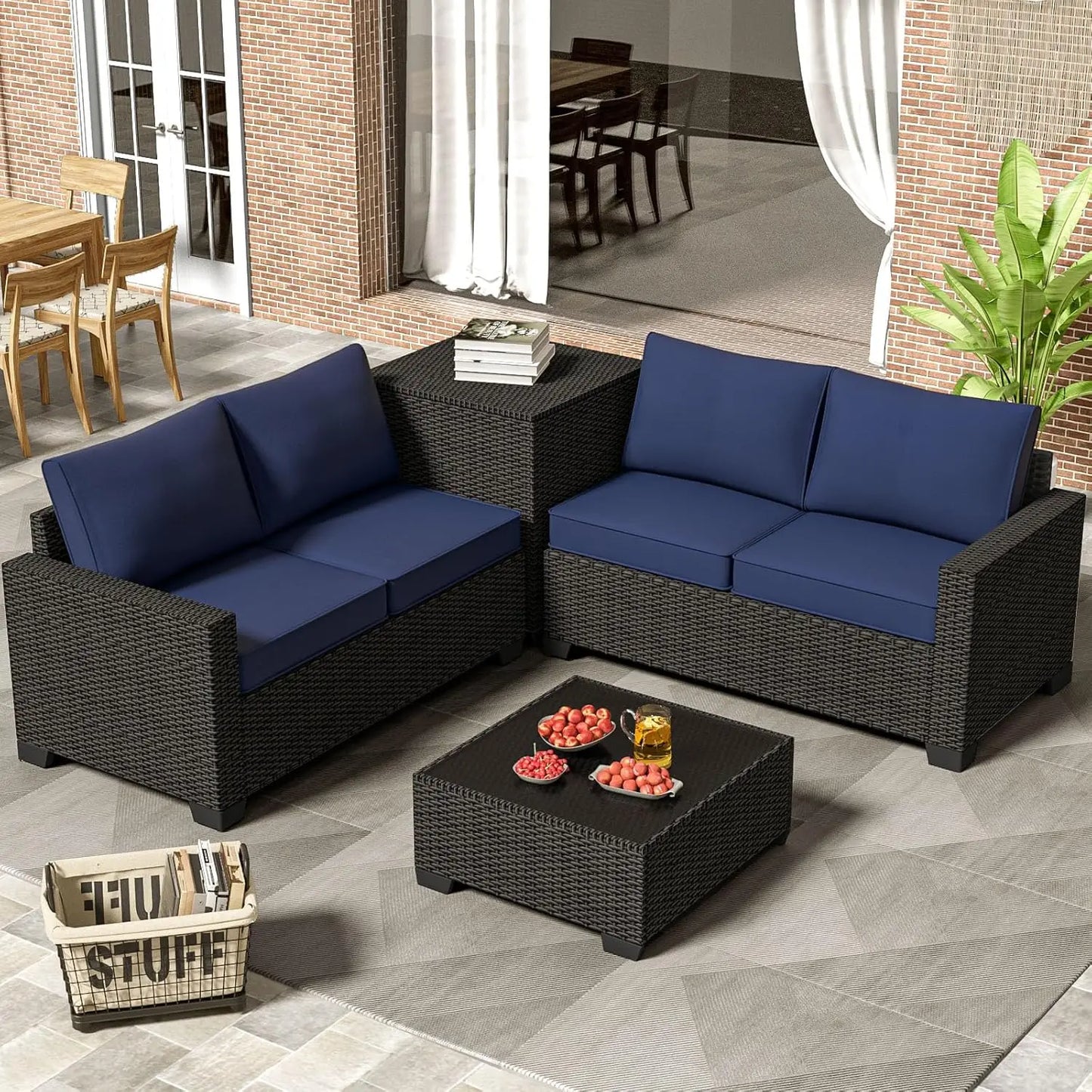 Premium Outdoor Patio Furniture Set with Storage & Glass Table, Patio Conversation Sets with Thick Cushions, 4 Piece Rattan