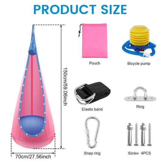 Inflatable Swing Chair Children Hanging Hammock With LED Light Comfortable Adjustable Light up Pod Swing for Indoor and Outdoor