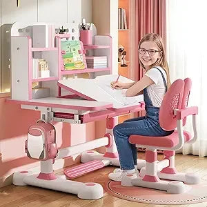 Kids Functional Desk and Chair Set, Ergonomic Height Adjustable Children School Study Desk with Tilt Desktop, Book Stand, Metal