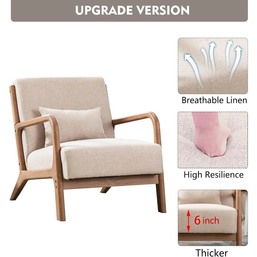 Mid Century Modern Accent Chair, Comfy Fabric Living Room Chairs with Solid Wood Frame, Lounge Reading Armchair, Easy As