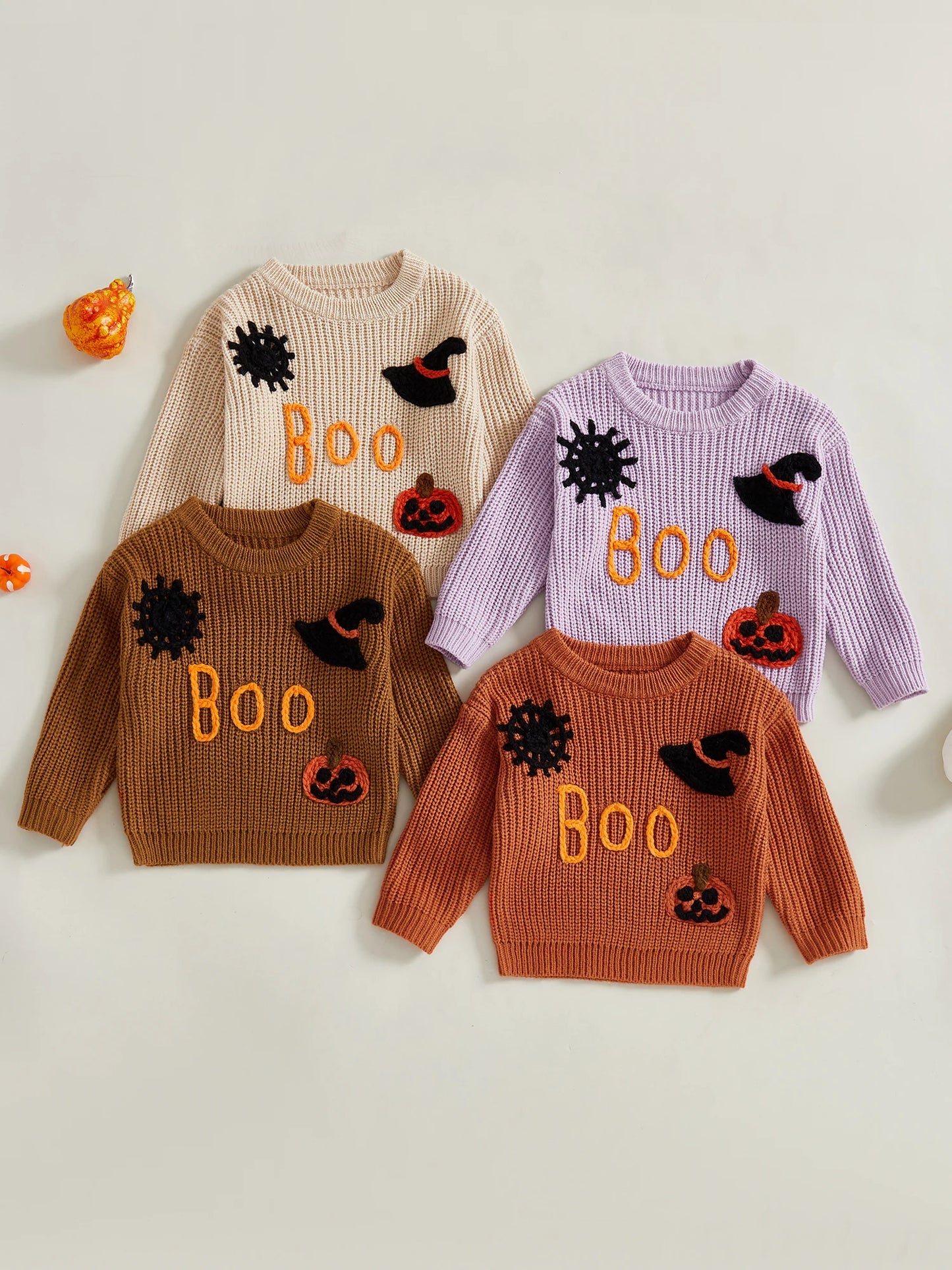 Women s Halloween Knit Sweater with Long Sleeves Round Neck Letter Pumpkin Spiderweb and Witch Hat Embroidery - Festive