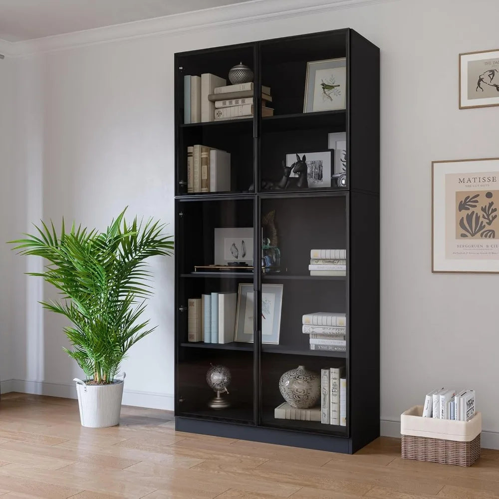 Display Cabinet with 4 Glass Doors, 5 -Tier Storage Cabinet with LED Lights, 78.7" Tall Black Bookcase with Storage, Wooden Disp