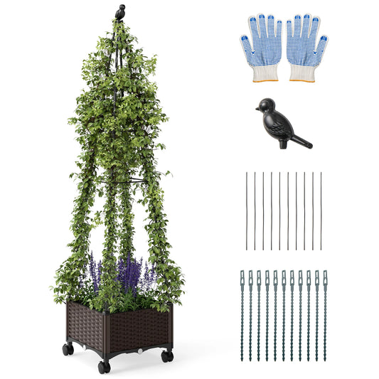 Raised Garden Bed w/ Plant Box & Obelisk Trellis Lockable Wheels Cage Planter