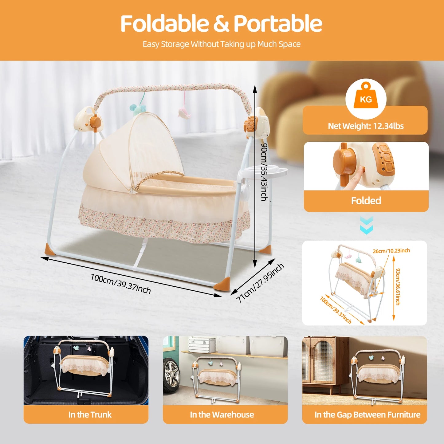 Electric Baby Crib Cradle, 0-18 MonthsInfant Bed Auto Swing with Remote Control/Music 25KG Capacity Foldable Baby Bassinet Khaki