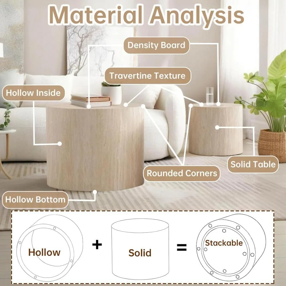 Pair of Modern Nesting Coffee Tables - Small Circular Travertine Side Tables for Home Decor