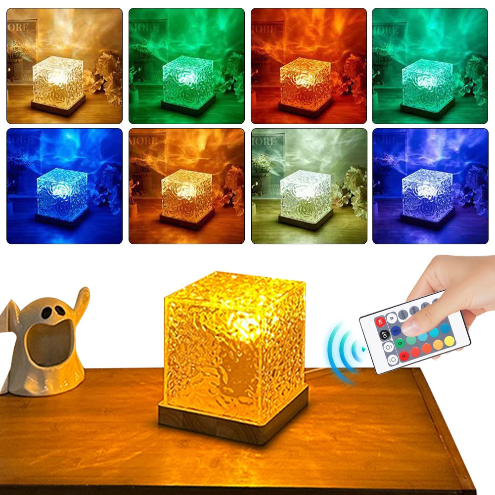 Flame Crystal Lamp 16 Colors Rotating Water Wave Night Light Remote Control Crystal LED Table Lamp for Living Room Study Bedroom