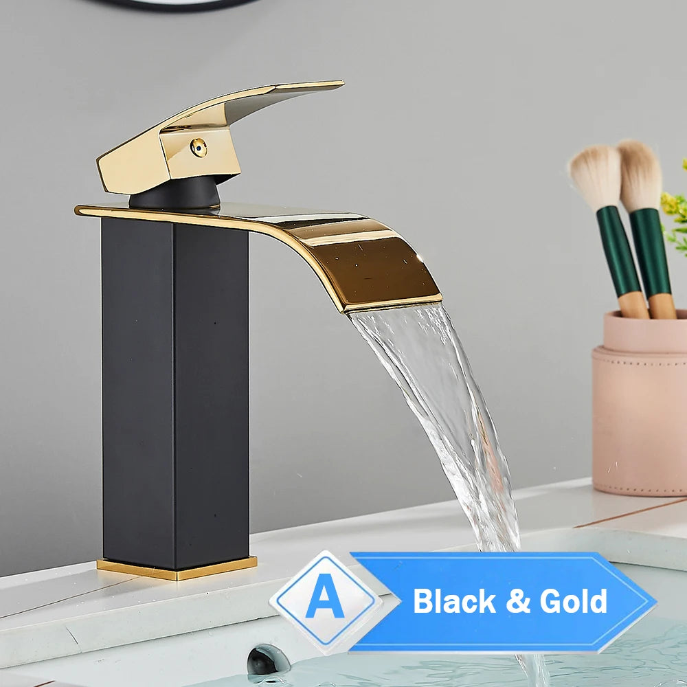 Rozin Hot Cold Water Basin Faucet Waterfall Bathroom Vanity Sink Faucets Single Lever Chrome/Black Brass Washing Mixer Taps