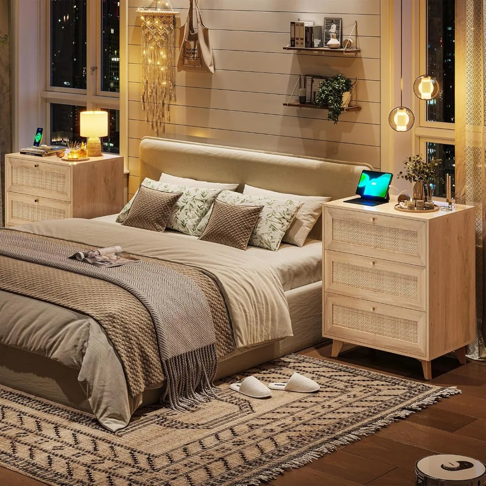 Rattan Nightstand with Charging Station, Night Stand with 3 Drawers and 2 USB Ports and 2 AC Outlets, Rattan Bedside Table