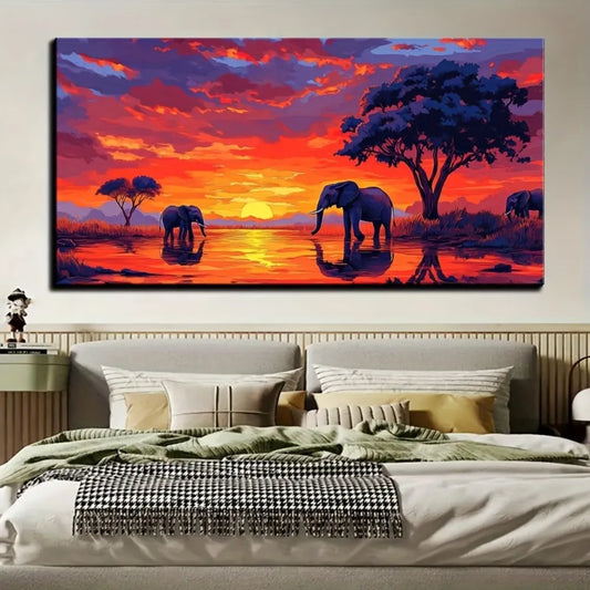Framed African Sunset Elephant Canvas Art Wildlife Decor