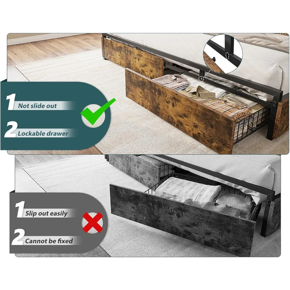 EnHomee King Size Bed Frame with 6 Storage Drawers King Bed Frame and Headboard, Storage Bed with Charging Station, No Noise,No