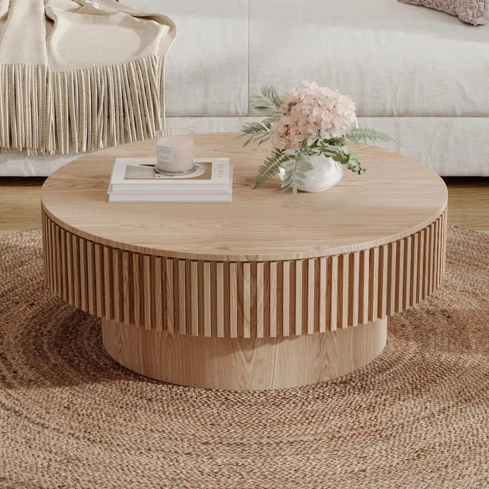 Modern Circular Coffee Table with Storage, Luxury Drum Style Center Table, Solid Wood Veneer Accent Side Table