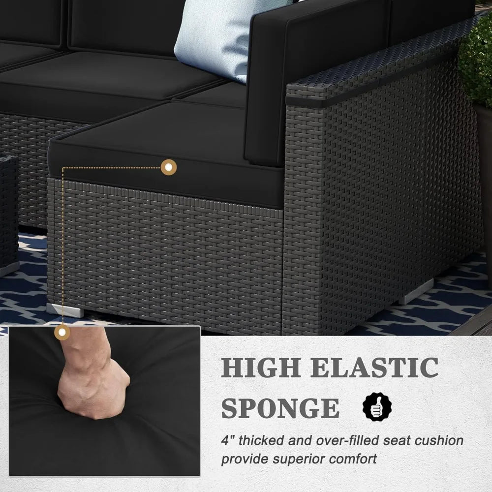 8 Pieces Patio Furniture Set with 44" Propane Gas Fire Pit Table, Outdoor Sectional Wicker Conversation Sofa Sets with Coffee Ta