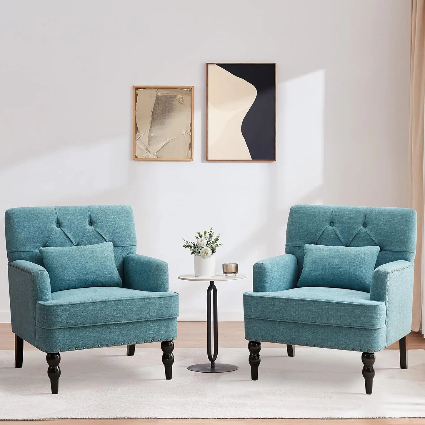 Tufted Club Chair Set of 2,Accent Chair with Lumbar Pillow, Upholstered Button Armchair, Fabric Sofa Chairs for Bedroom,