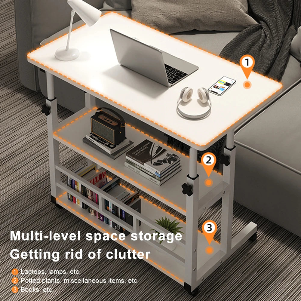 Height Adjustable Computer Desk Multi-Layer Storage Swivel Wheel Home Desk Mobile Laptop Standing Desk for Dormitory and Bedroom