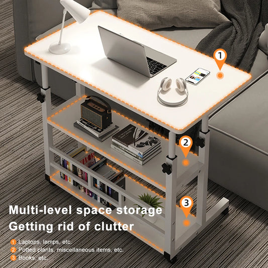 Height Adjustable Computer Desk Multi-Layer Storage Swivel Wheel Home Desk Mobile Laptop Standing Desk for Dormitory and Bedroom