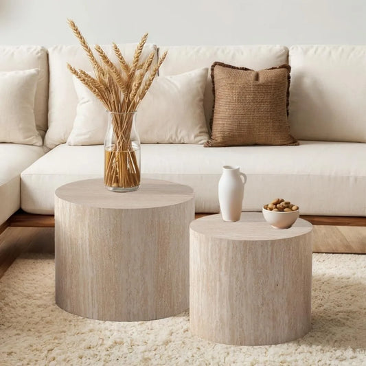 Pair of Modern Nesting Coffee Tables - Small Circular Travertine Side Tables for Home Decor