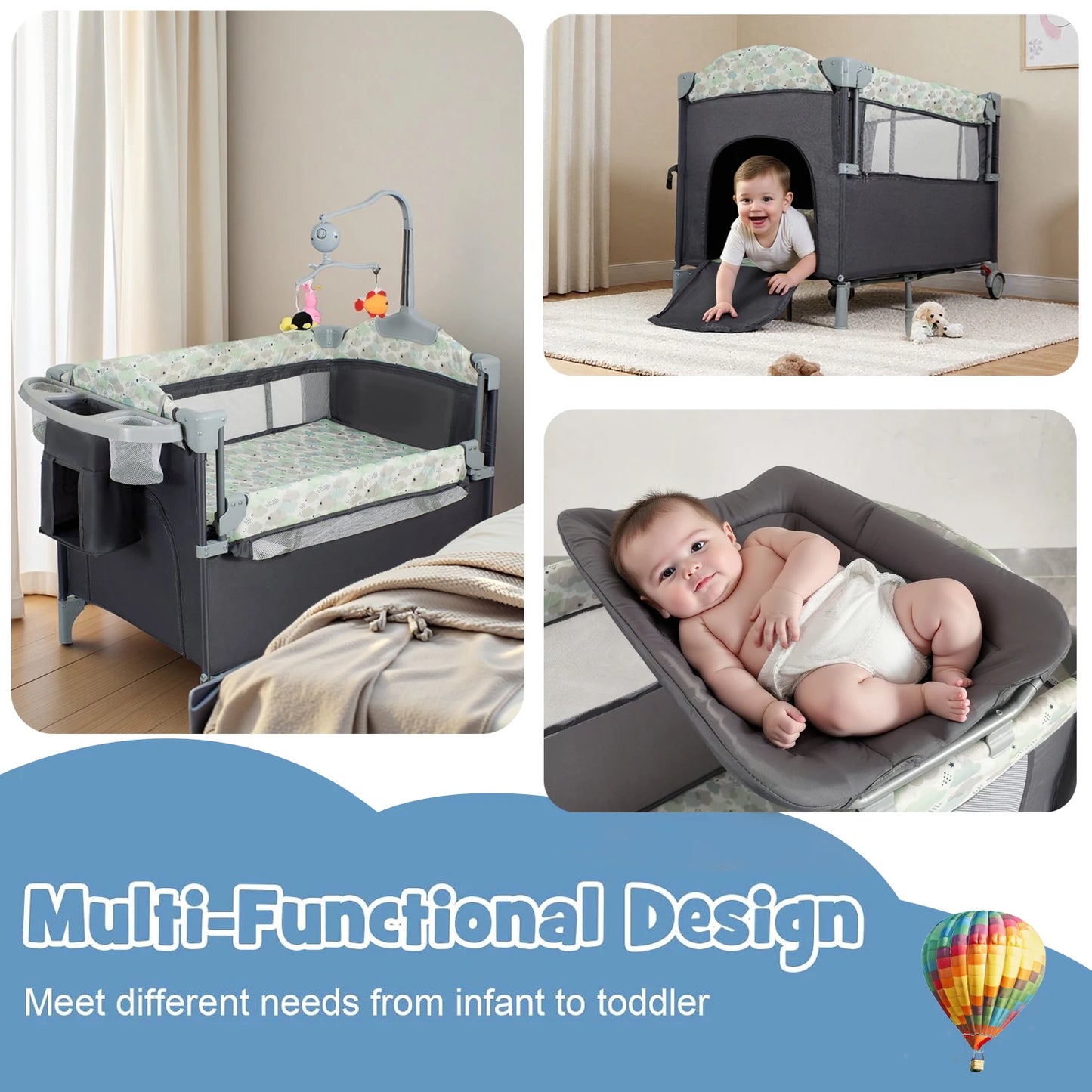 4 in 1 Portable Baby Playard with Changing Table Lockable Wheels Music Box Foldable Baby Crib Suit Infant to Toddler