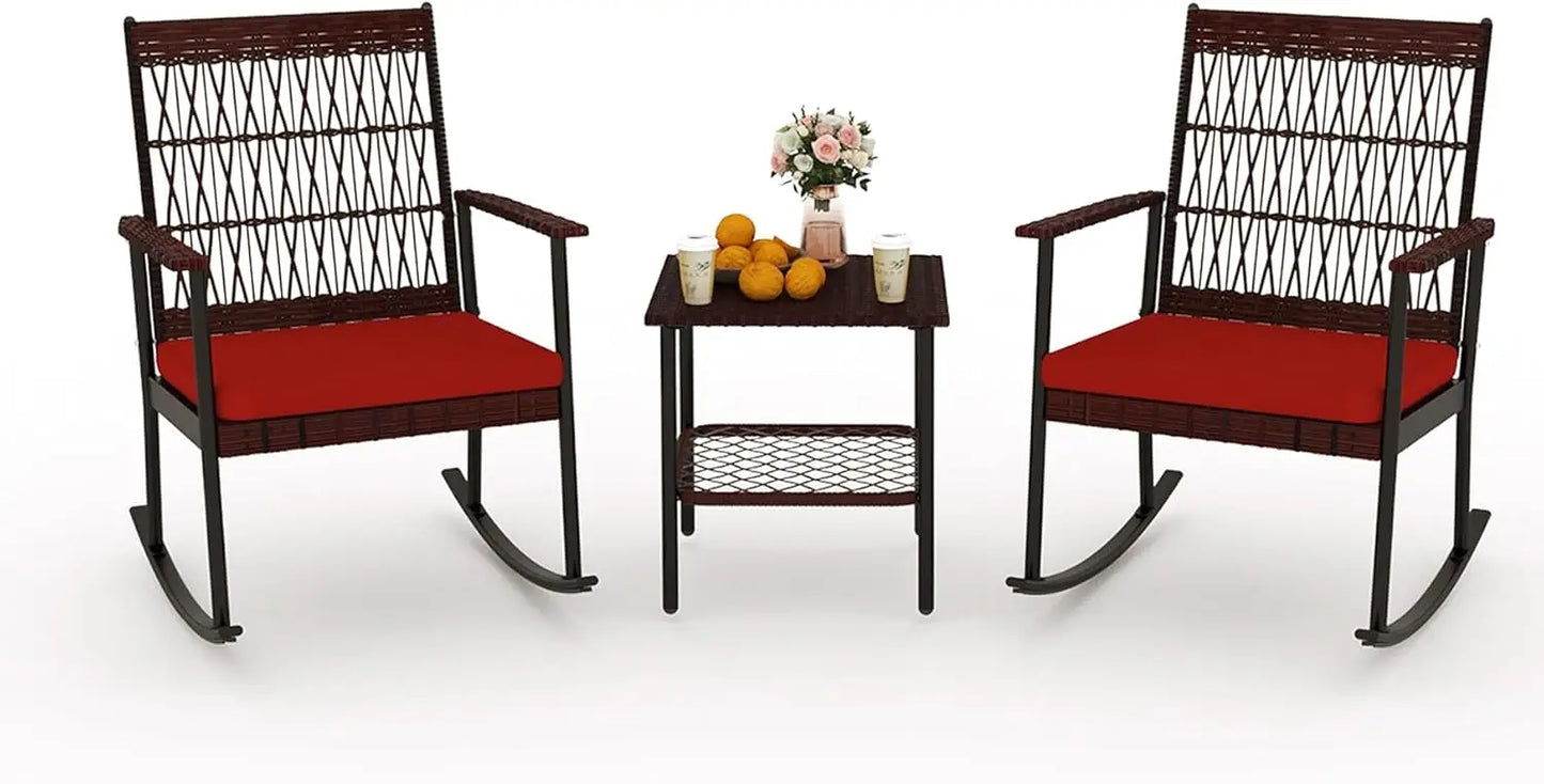 3 Piece Patio Conversation Set, Outdoor Rocking Chairs Set of 2, Wicker Furniture Set with Glass Top Coffee Table and Cushions