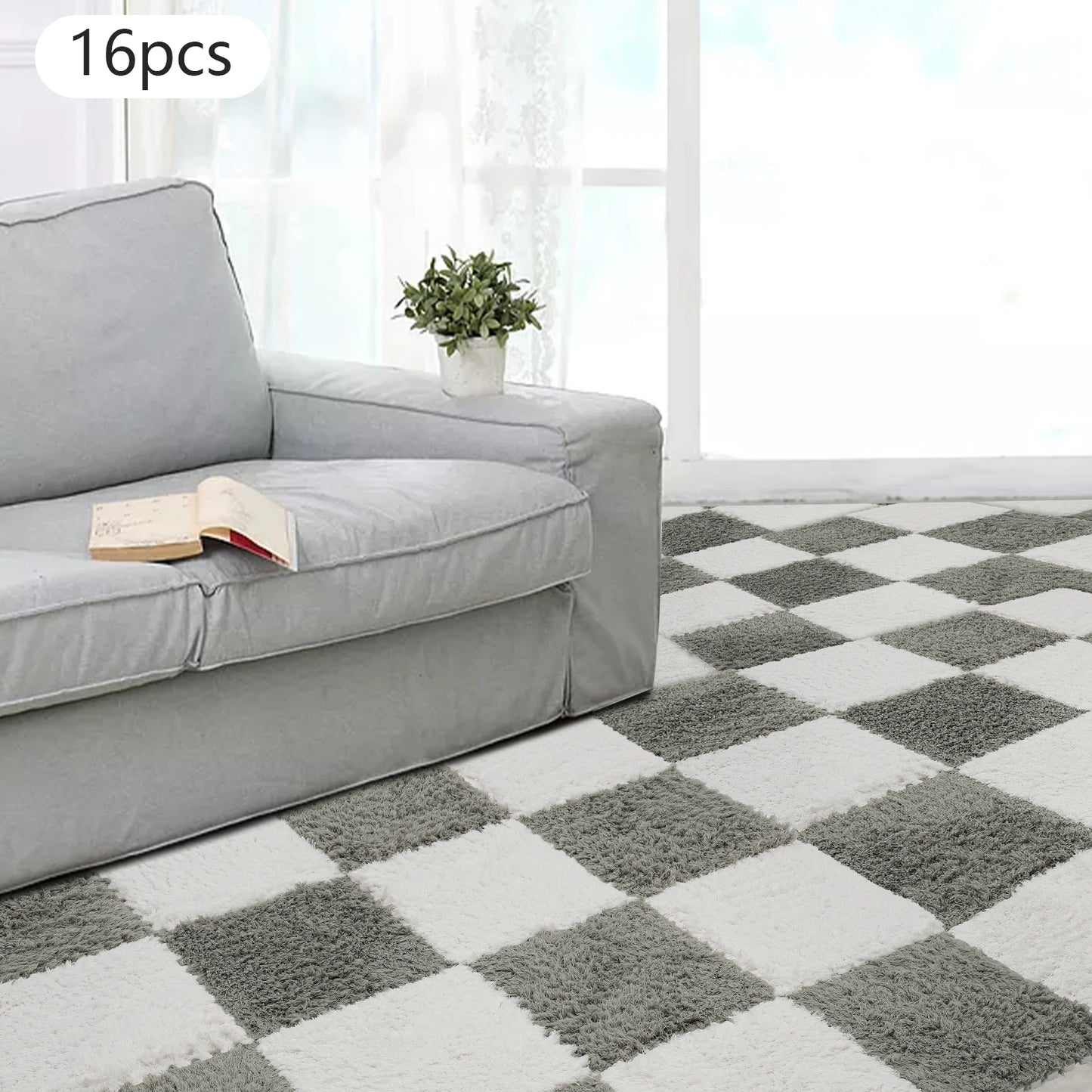 Fluffy Rugs Square 16Pcs Floor Mat Gray and White Carpet for Children Kids Room Home Parlor Bedroom