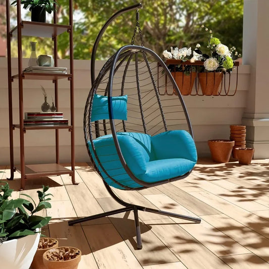 Outdoor Hanging Egg Chair with Stand,Indoor Swinging Chair Patio Wicker Hammock Egg Chair with Thicken Padded Cushions