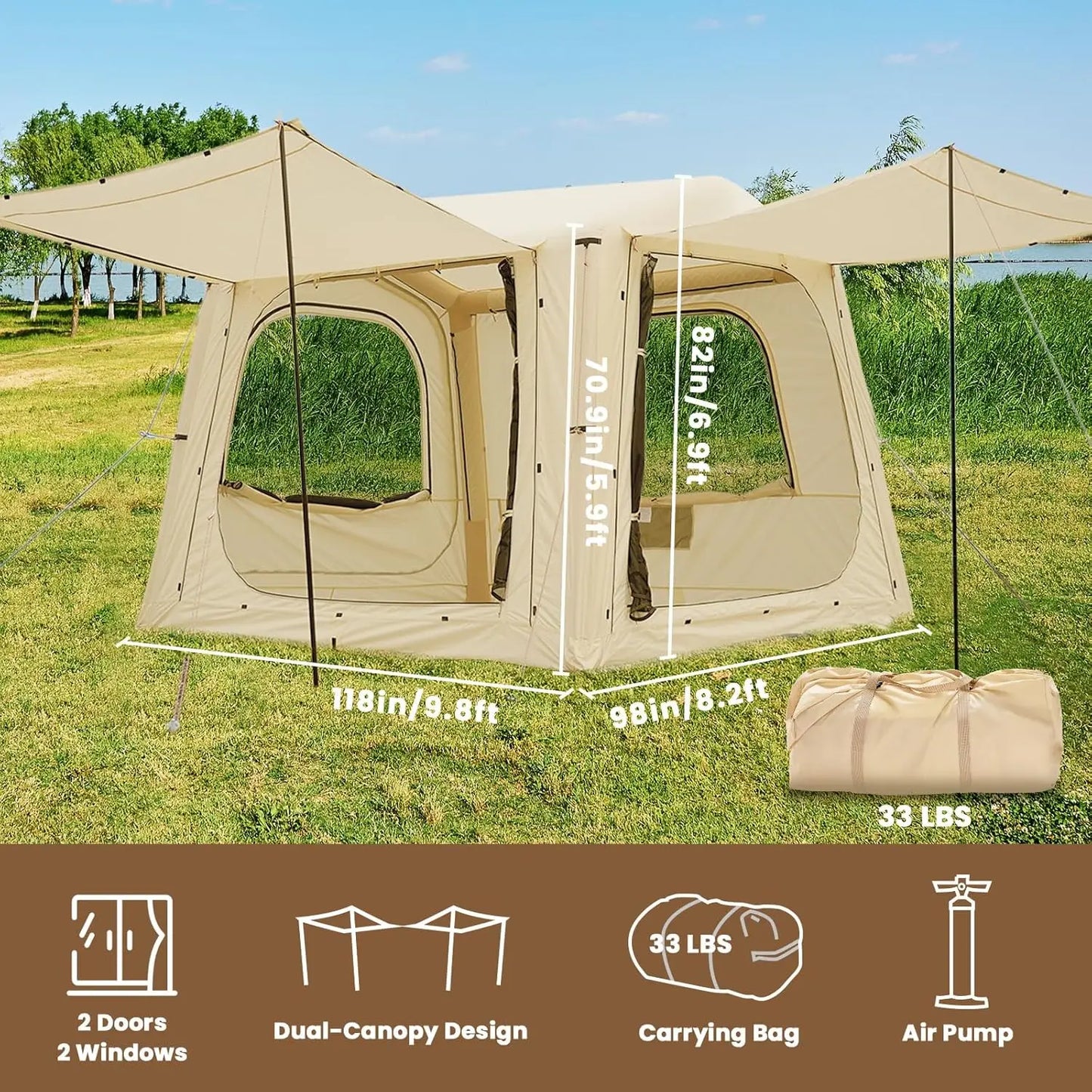 Inflatable Camping Tent With Hand Pump Easy Setup Oxford