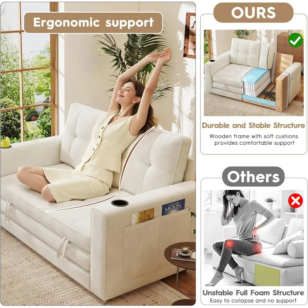 55" Convertible Folding Sofa Bed, Pull Out Couch Love Seat Sleeper Bed, Small Fold Out Loveseat Sleeper with Cup Holder