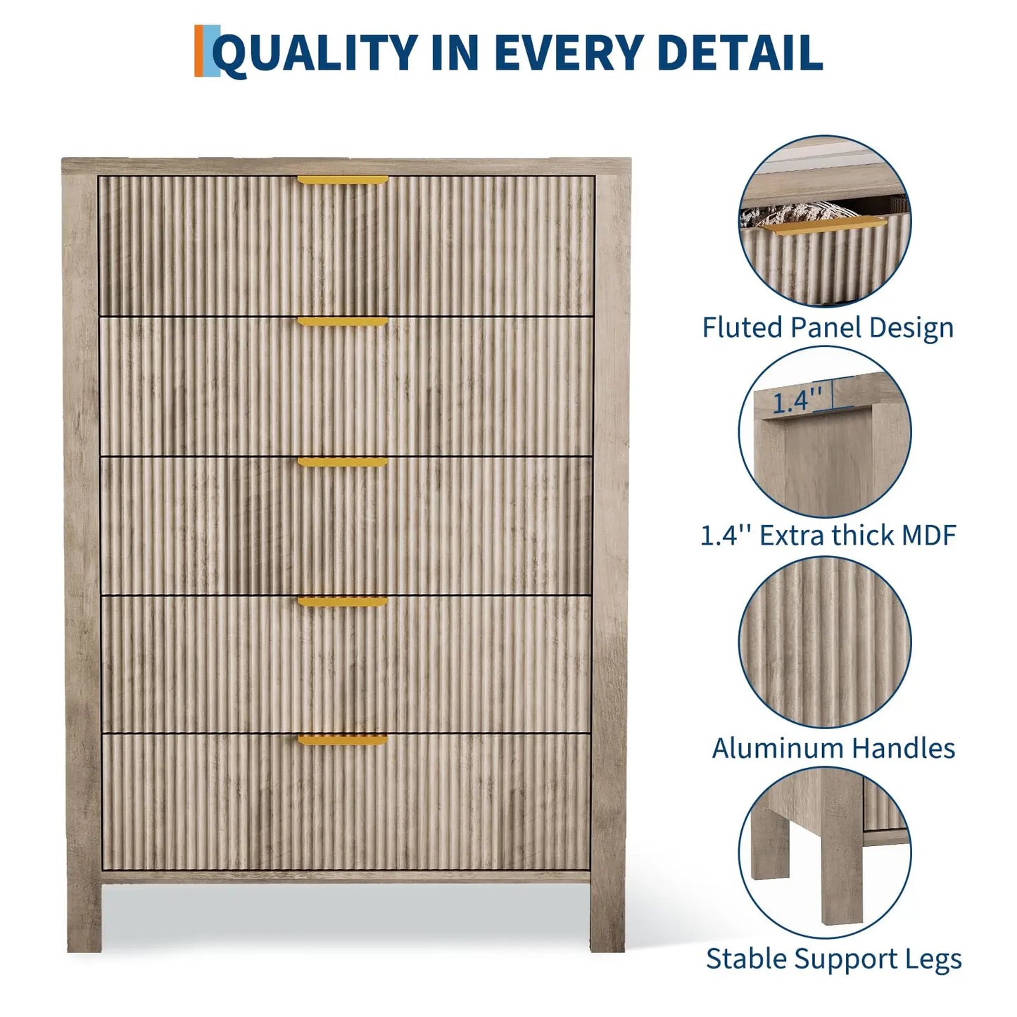 5-Drawer Tall Oak Dresser With Gold Handles, Modern Wood Storage Cabinet Organizer For Bedroom, Living Room, Hallway & Entryway