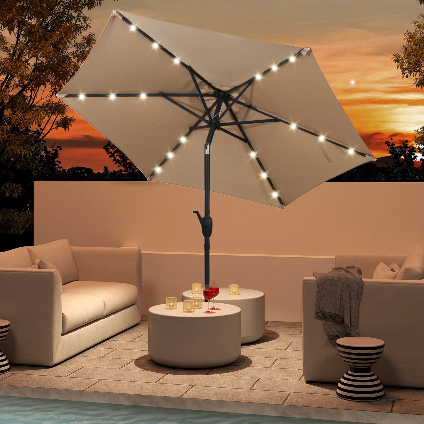 7. 5 ft Solar Powered Patio Umbrella w/ LED Lights Push Button Tilt Crank Handle