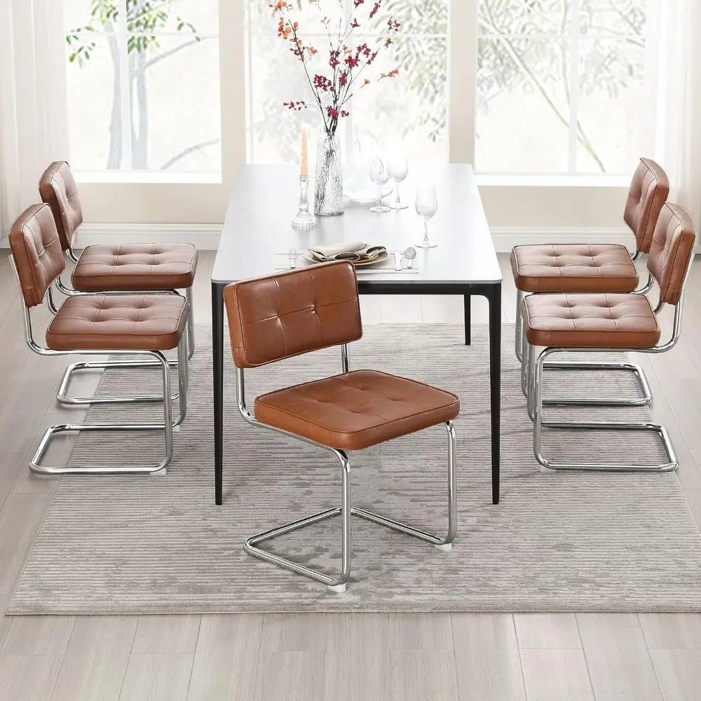 Mid Century Modern Upholstered Leather Dining Chairs, Set of 2 with Stainless Steel and Chrome Legs