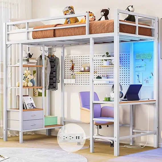 Loft Bed Twin Size with Desk and Charging Station Metal Twin Loft Bed with LED Lights, 4 Storage Shelves & 2 Fabric Drawers, Tw