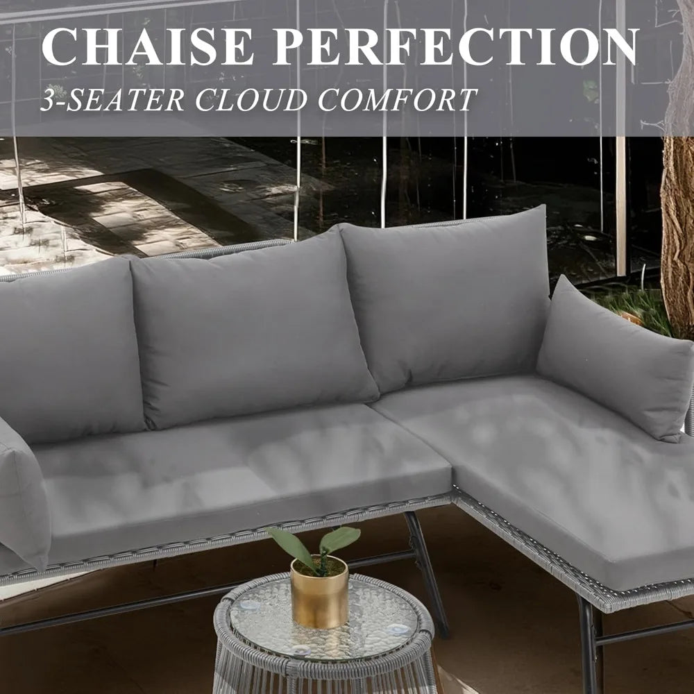 3-Piece Outdoor Patio Furniture Set, L-Shaped Rattan Sectional Sofa with Thick Cushions, Glass Coffee Table