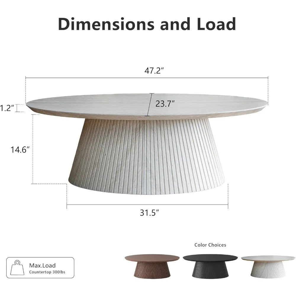 Oval Coffee Table, Modern Faux Stone Coffee Table with Fluted Design, Travertine Tea Table with Tapered Base, Minimalist