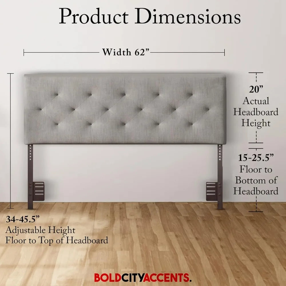 Bed Headboard - Mid-Rise Diamond Tufted Upholstered Queen Size Full Size - Adjustable Height Full Headboard - Bed Frame or Wall