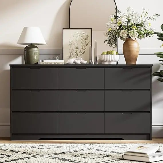 Tradre 59'' Black Dresser for Bedroom, 9 Drawer Wood Dresser with Handle Free, Large Modern Chest of Drawers for Home Office, Li