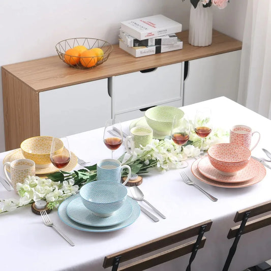 Vancasso Natsuki 16PCS tableware Porcelain Multi-Colour Japanese-style Dinnerware Set with 4 Dinner Plate Dessert Plate Bowl Mug