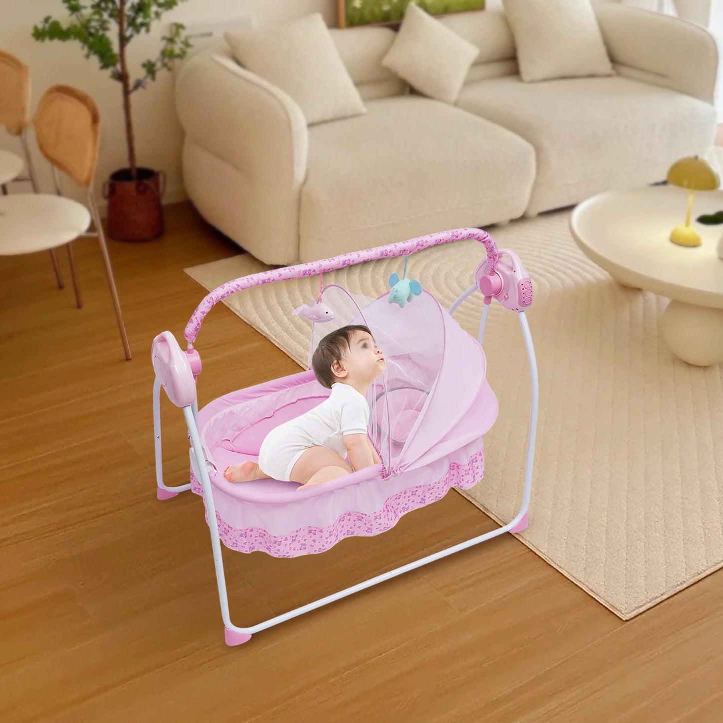 Baby swing with 12 songs, Bluetooth & USB connection, 5 swing speeds, foldable design, energy-saving timer, safety belt, and ant