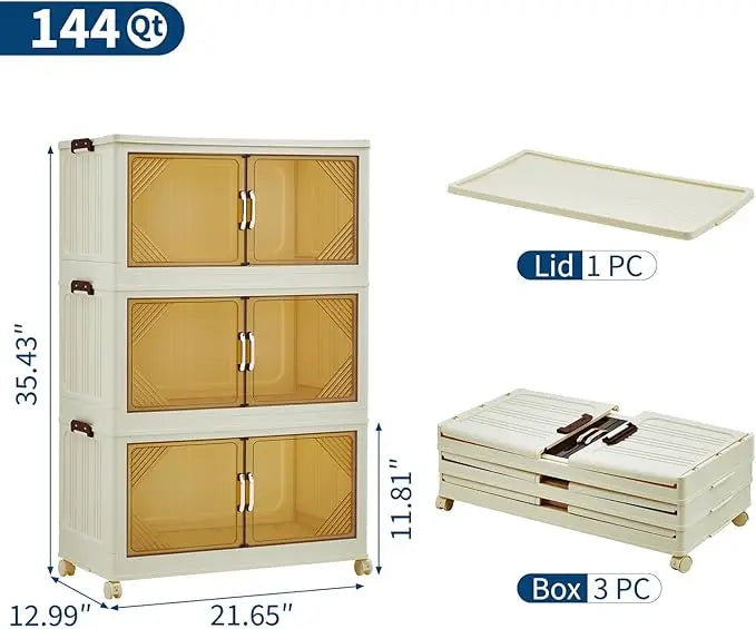 504QT Stackable Storage Bins, Plastic Bins for Storage with Lids,Magnetic Doors,Foldable Collapsible Closet Organizers for Home