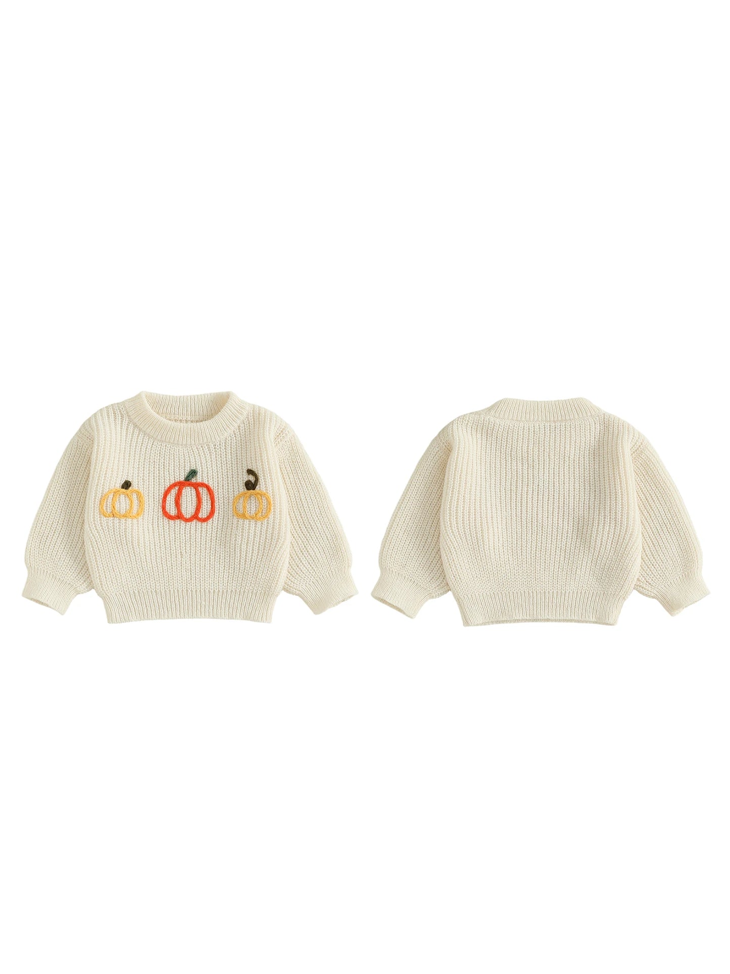 Infant Halloween Pumpkin Embroidered Sweater Crewneck Long Sleeve Pullover Chunky Knit Top for Toddlers
