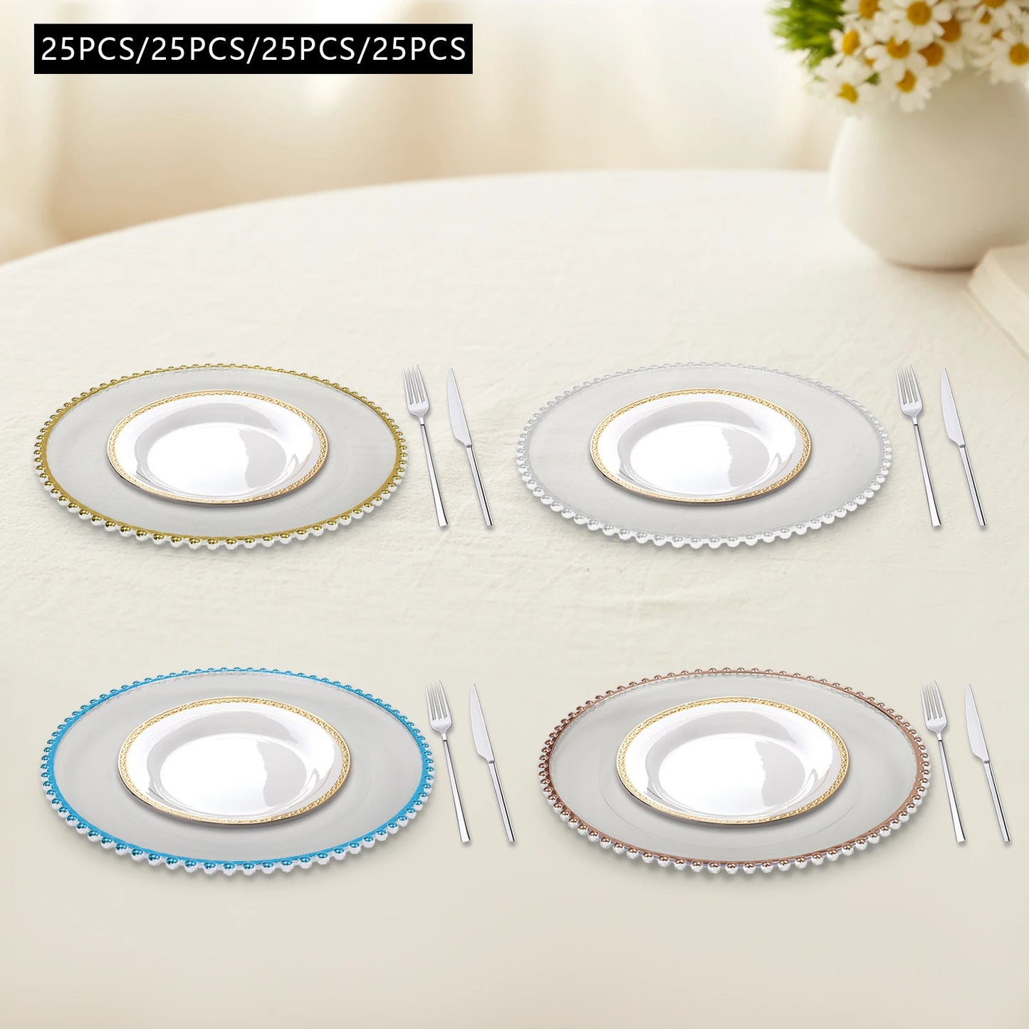 25pcs Gold/Rose Gold/Silver/Blue 12.6inch Clear Charger Plates Table Charger Plates Dinner Charger Plates For Banquets Weddings