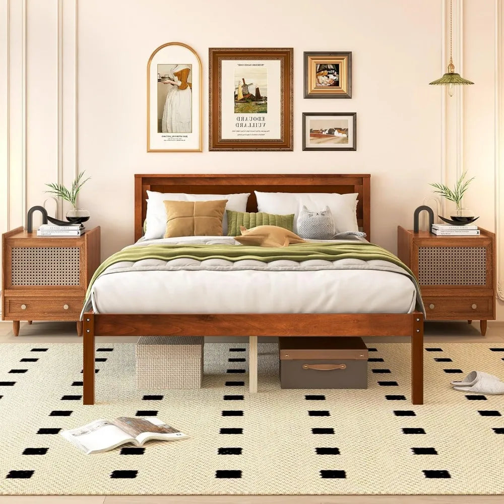 Full Size Wood Platform Bed with Headboard, Mid Century Solid Wood Full Bed with Slat Support, Double Bed Frame with 16" Under