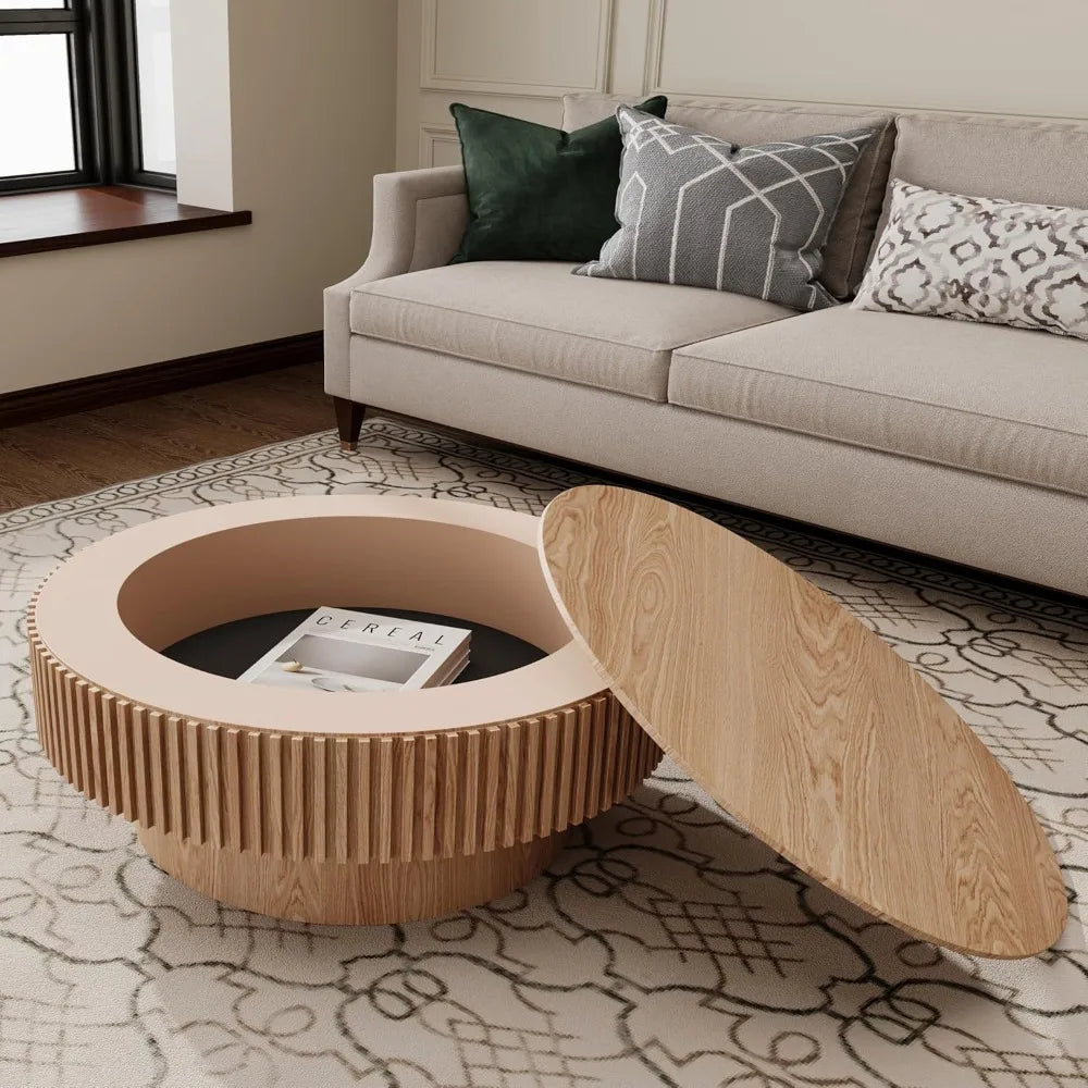 Modern Circular Coffee Table with Storage, Luxury Drum Style Center Table, Solid Wood Veneer Accent Side Table